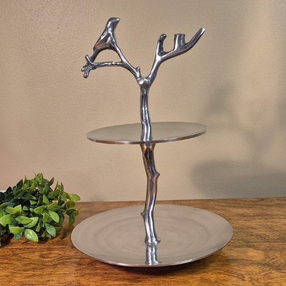 BEAUTIFUL Silver Tone Metal Two-Tiered Tidbit Tray Stand with Branch Bird Handle